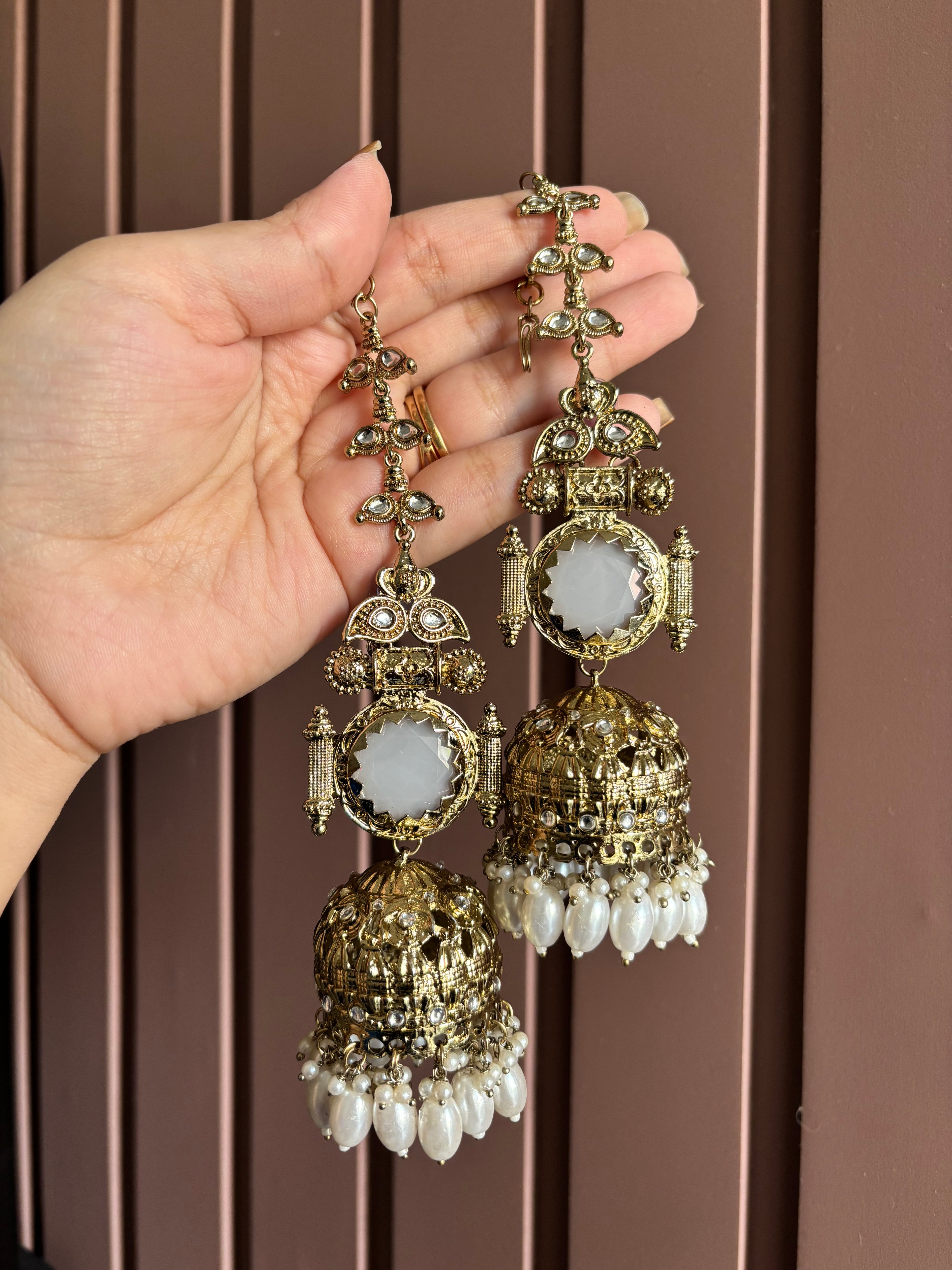 Champa Heavy Look Jhumkas With Sahara (Pearl)