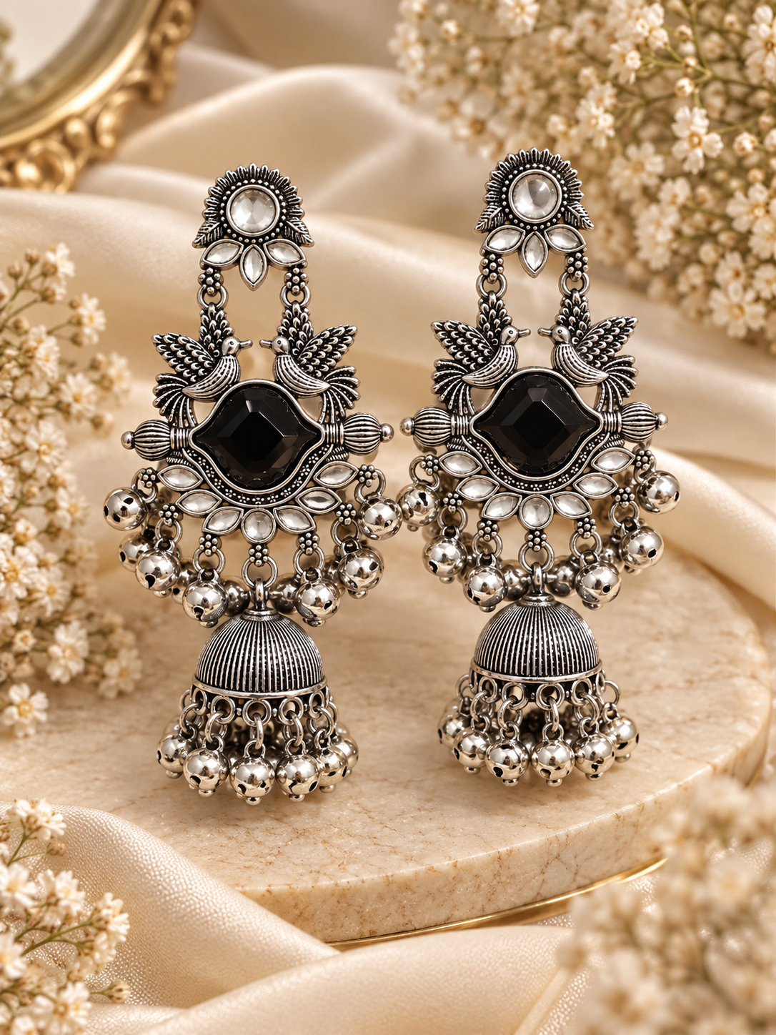 Saloni Silver Jhumkas (Green)