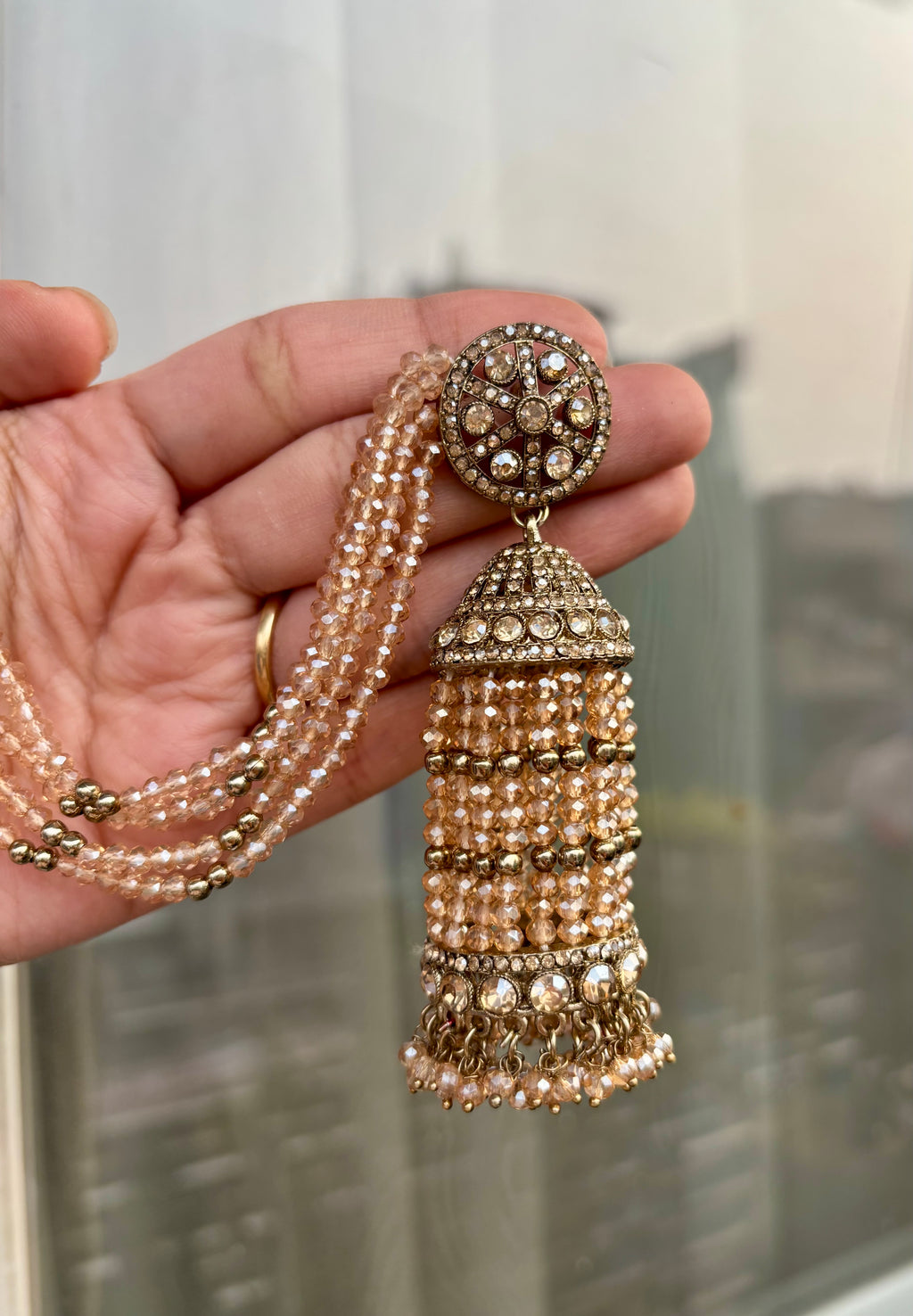 High Quality Designer Crystal Beads Work Champagne Colour Long Jhumkas With Side Layers