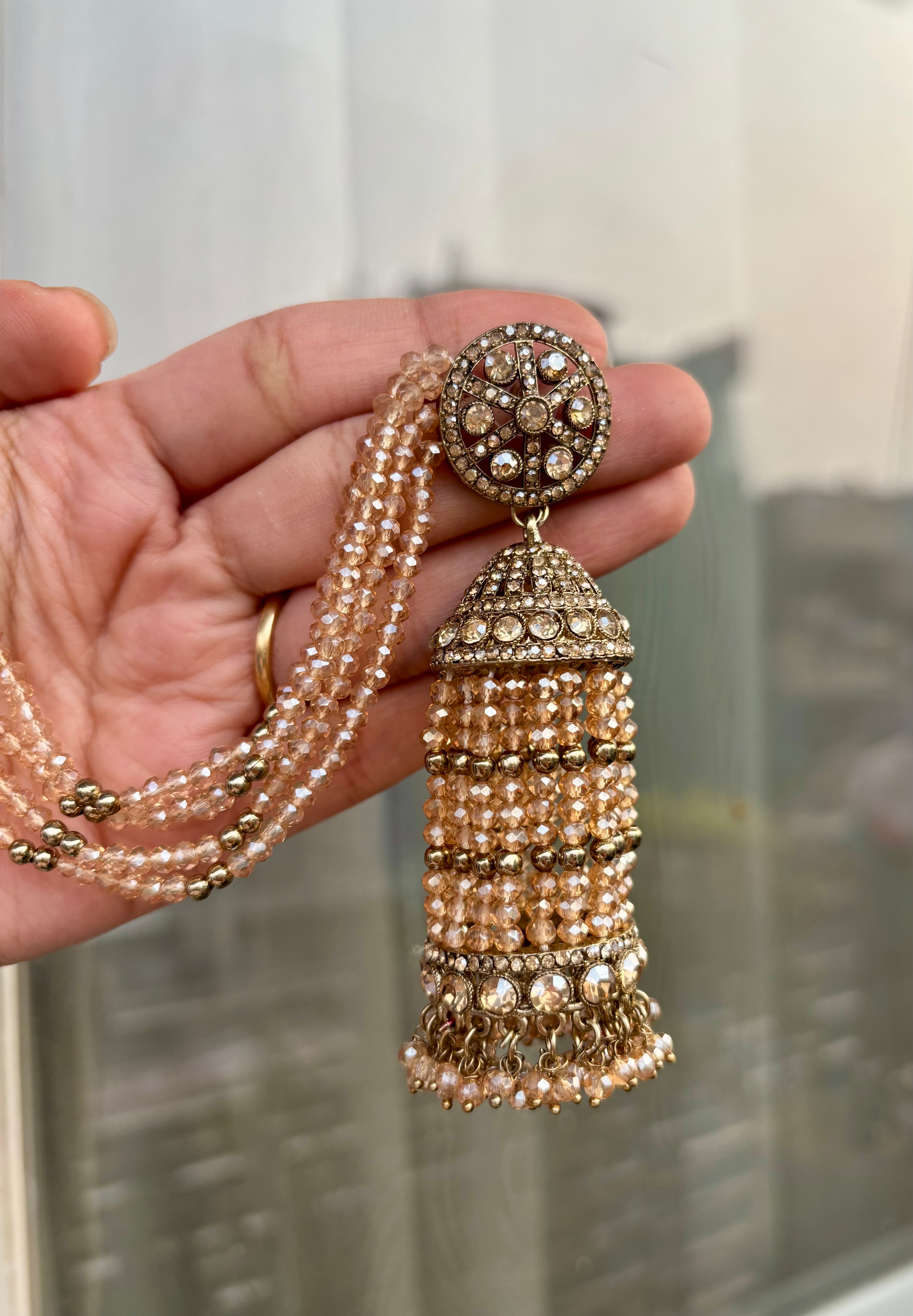 High Quality Designer Crystal Beads Work Champagne Colour Long Jhumkas With Side Layers