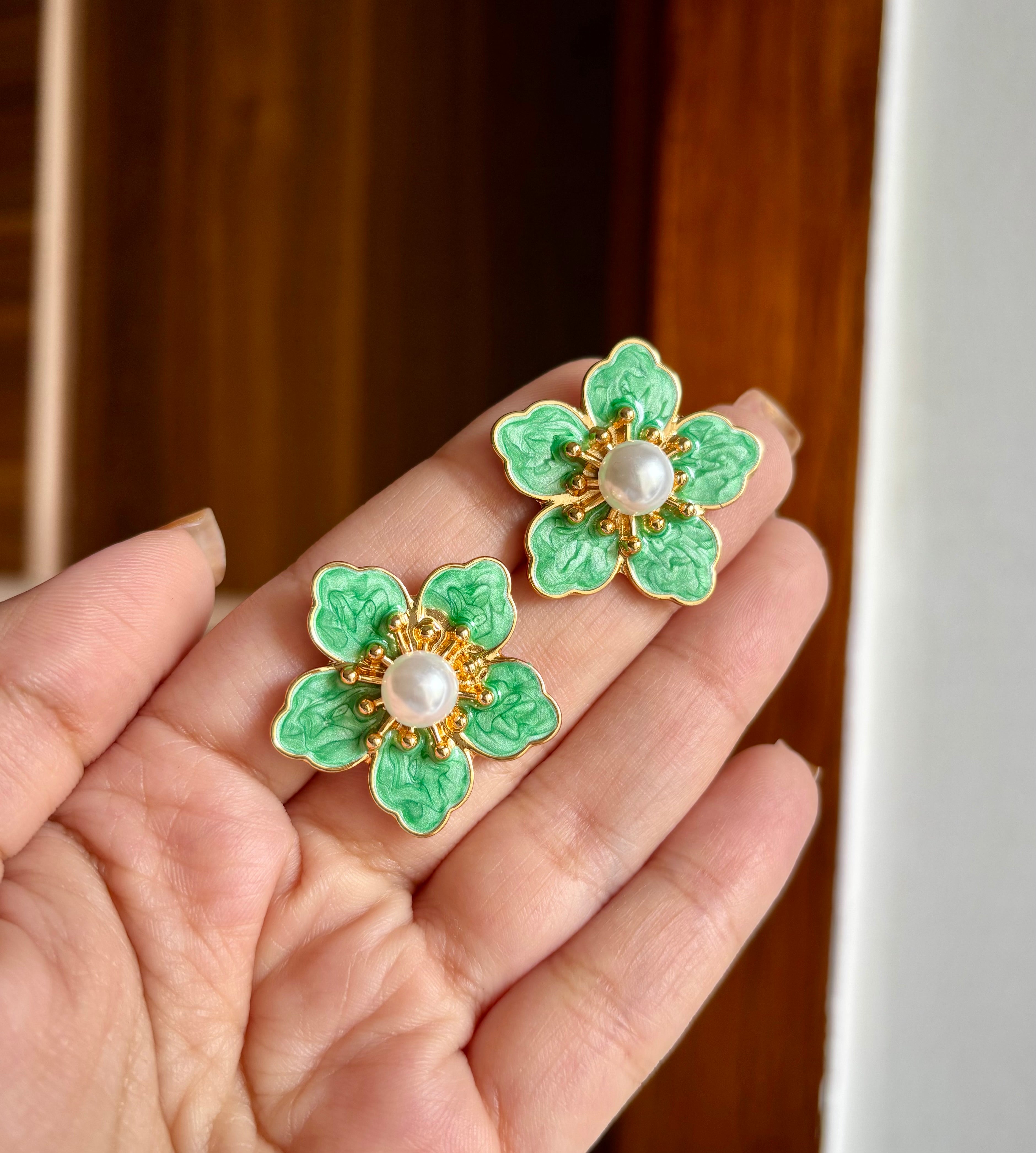 Green Flower Stud Earrings
