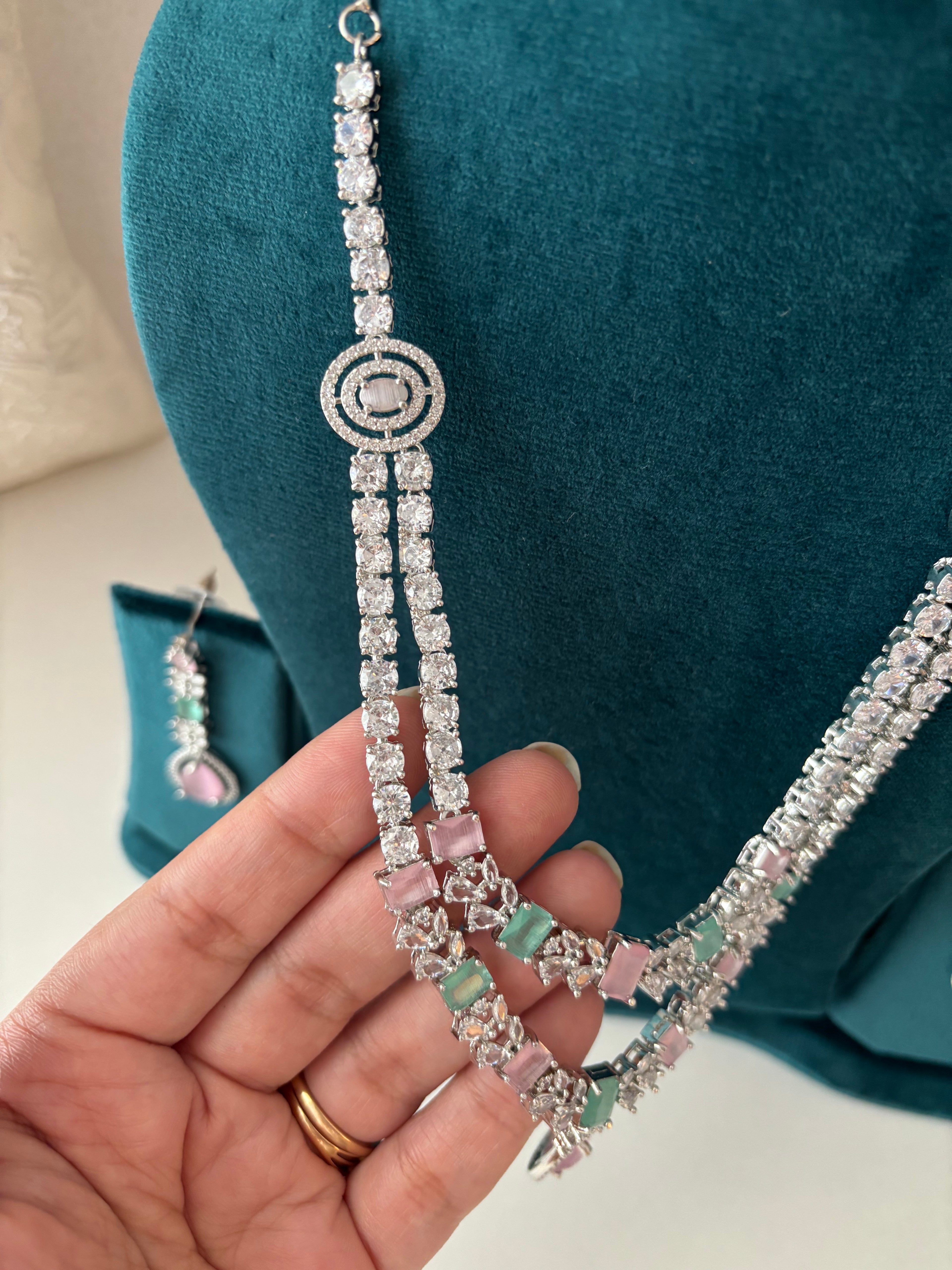 Double Layer Long American Diamond Necklace With Earrings ( Pink Mint)