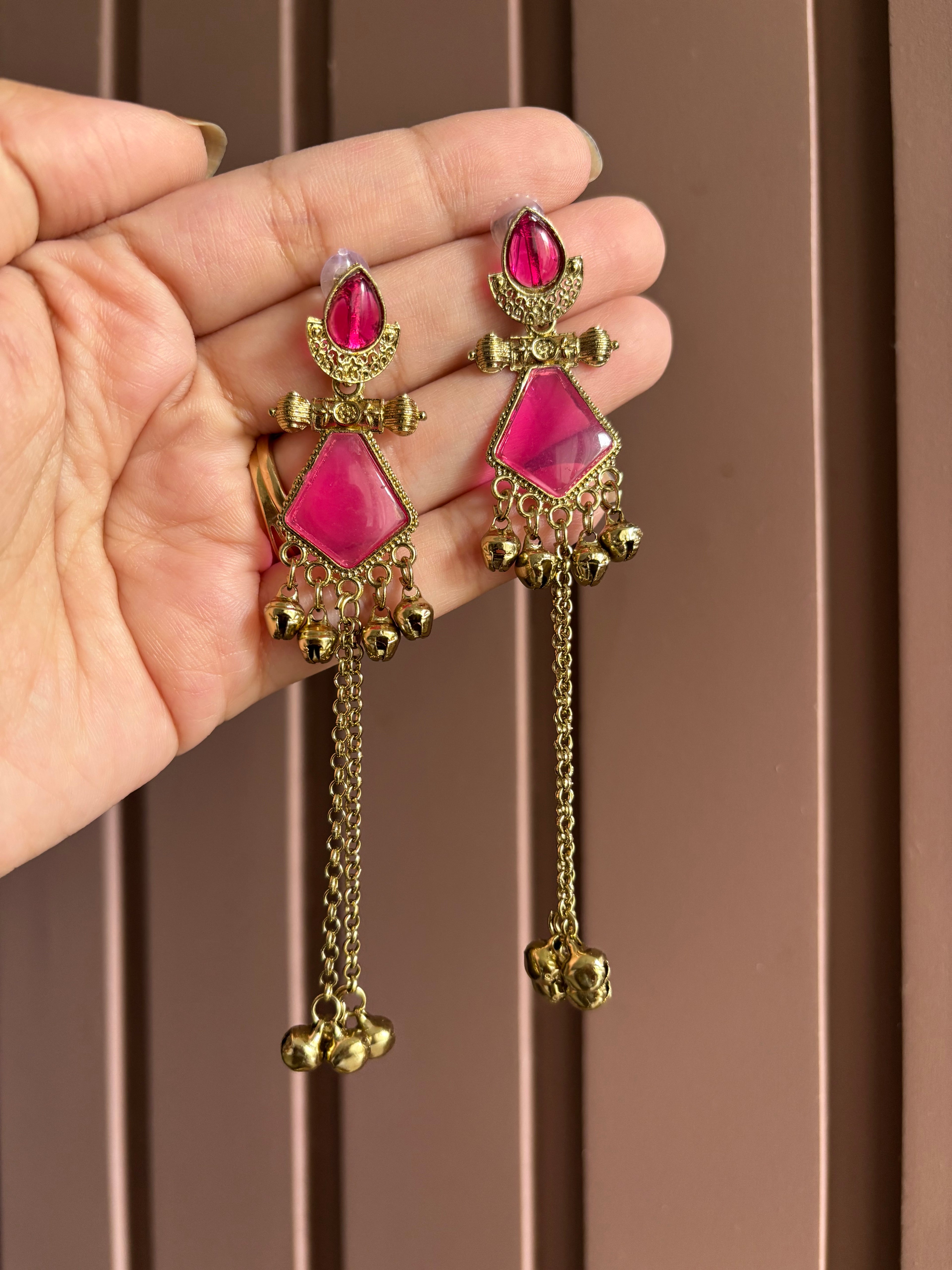 Manni Ghungroo Earrings (Dark Pink)