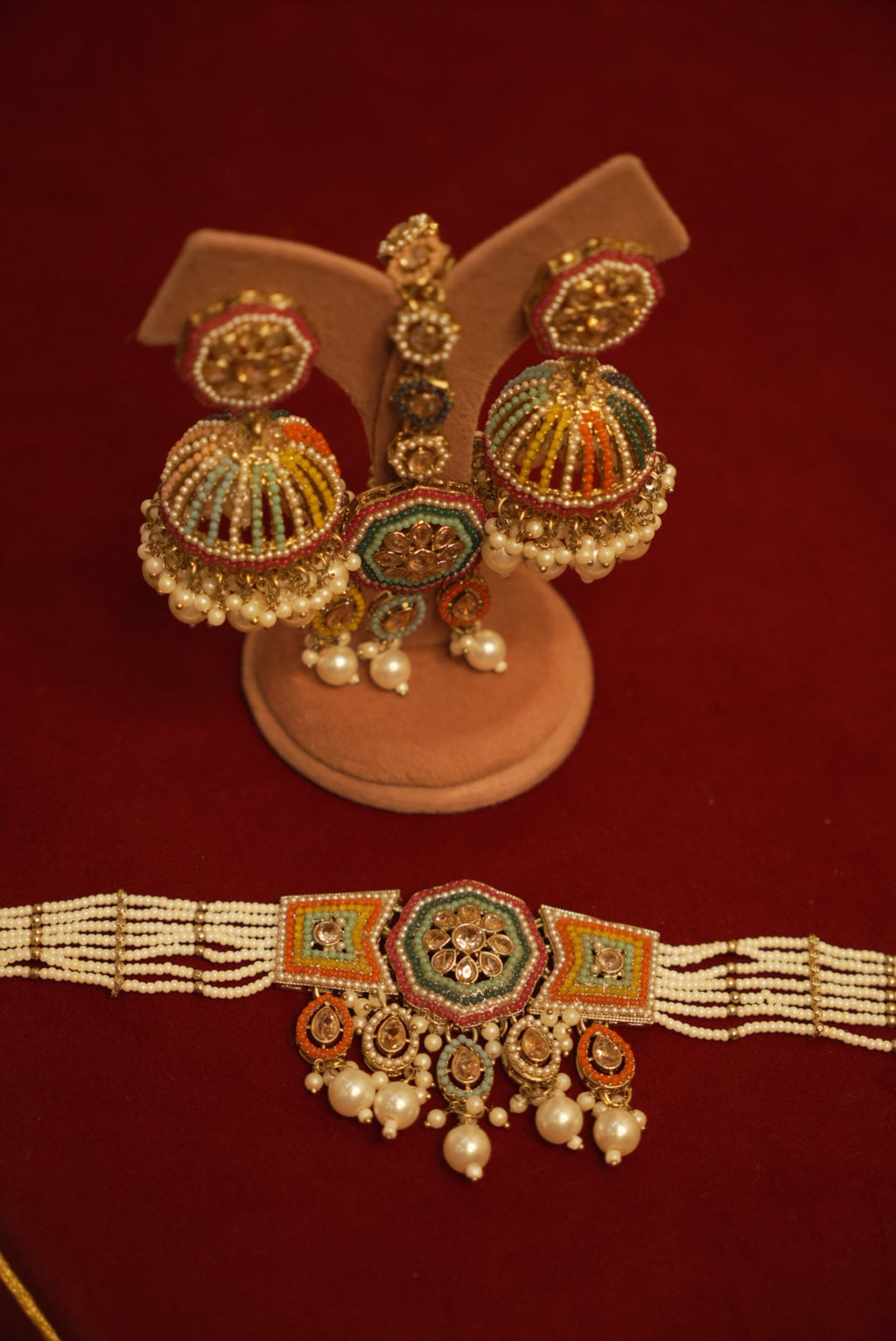 High Quality Designer Multi Choker Set With Mang Tikka & Jhumkas