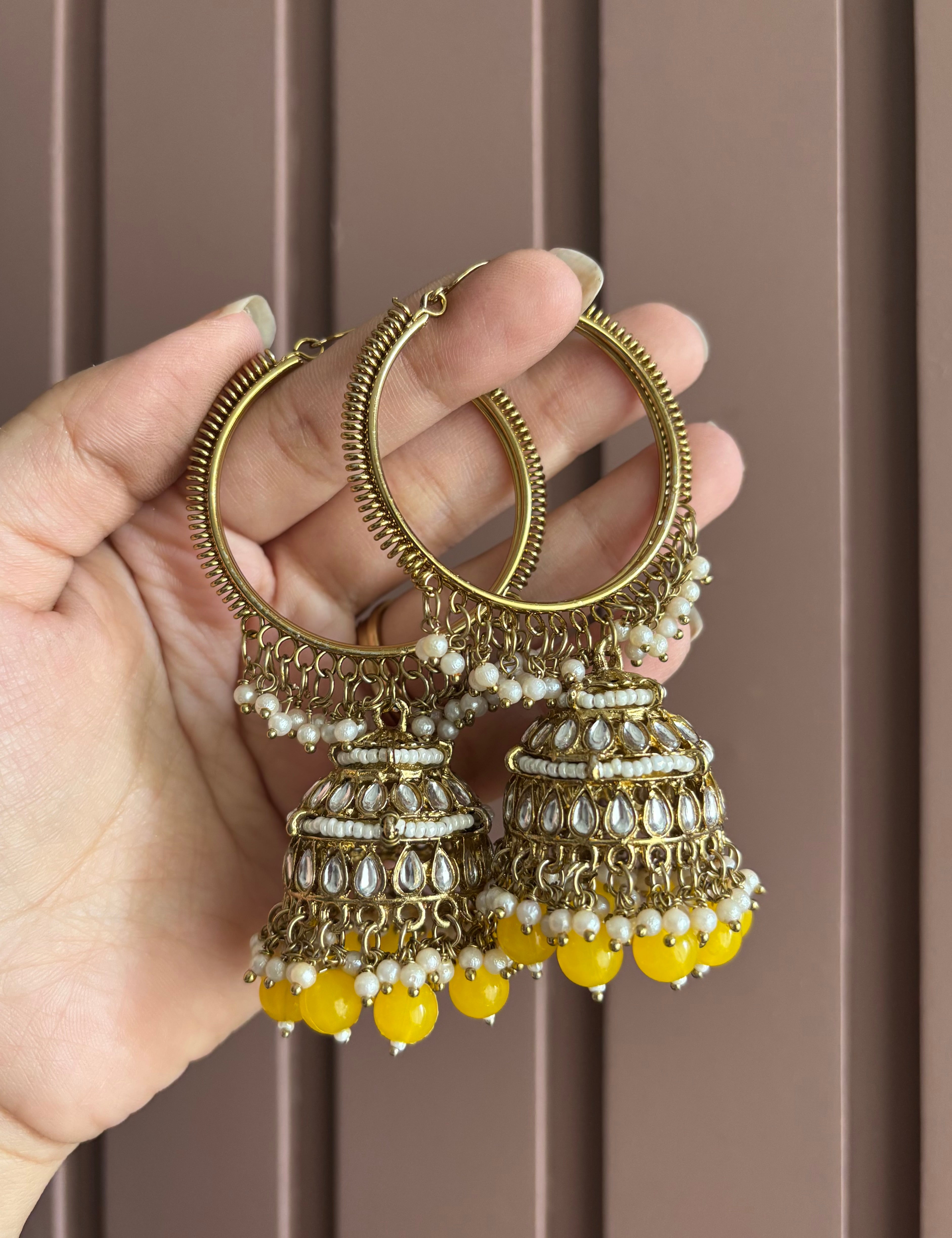 Yellow Kundan Bali Jhumkas