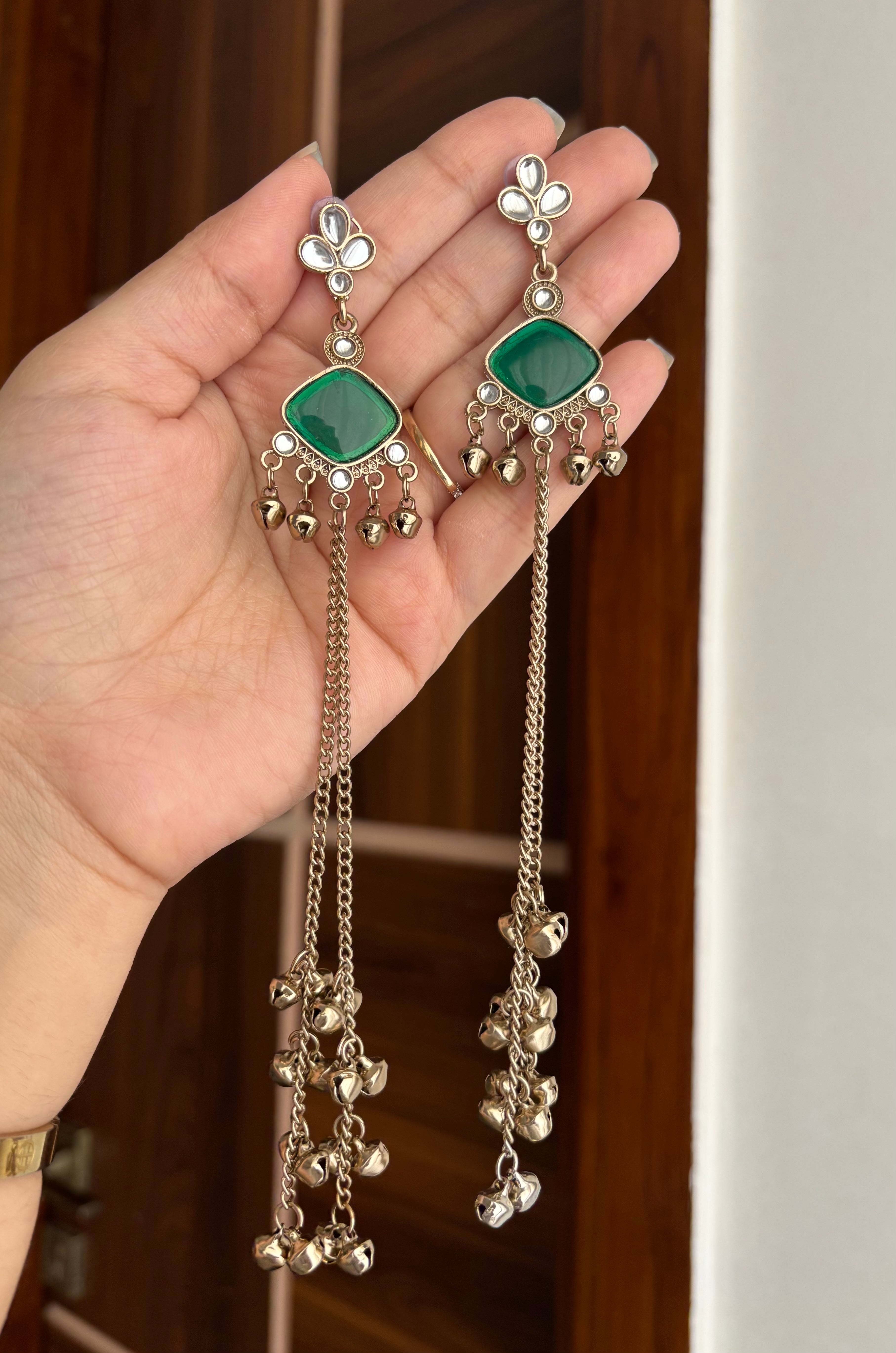 Shalini Kashmiri Long Earrings ( Green )