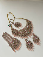 Roshnara Turkish Necklace With Mang Tikka & Earrings Passa (Baby Pink)