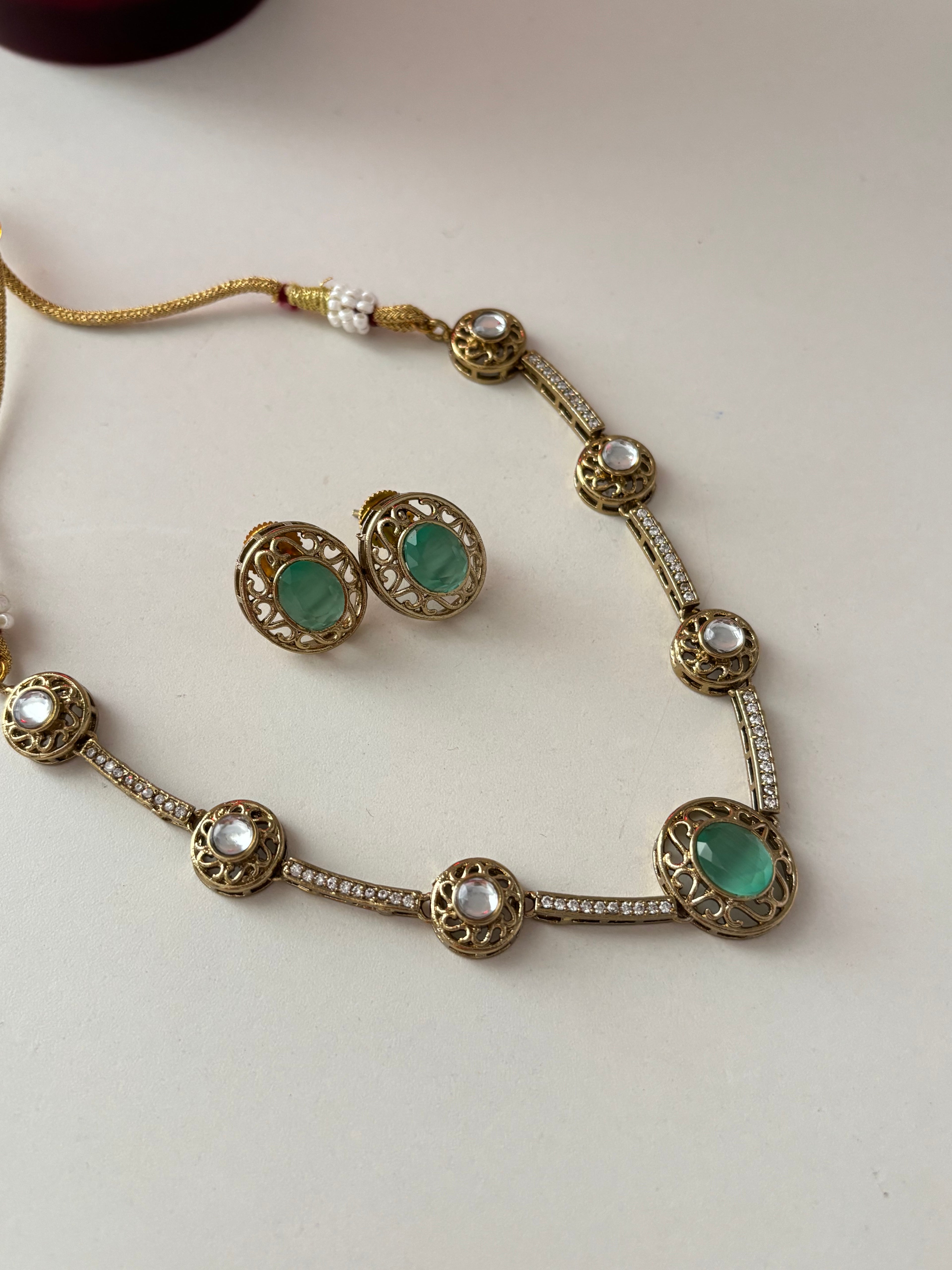 Premium Doublet & Polki Work Necklace With Studs (Turquoise)