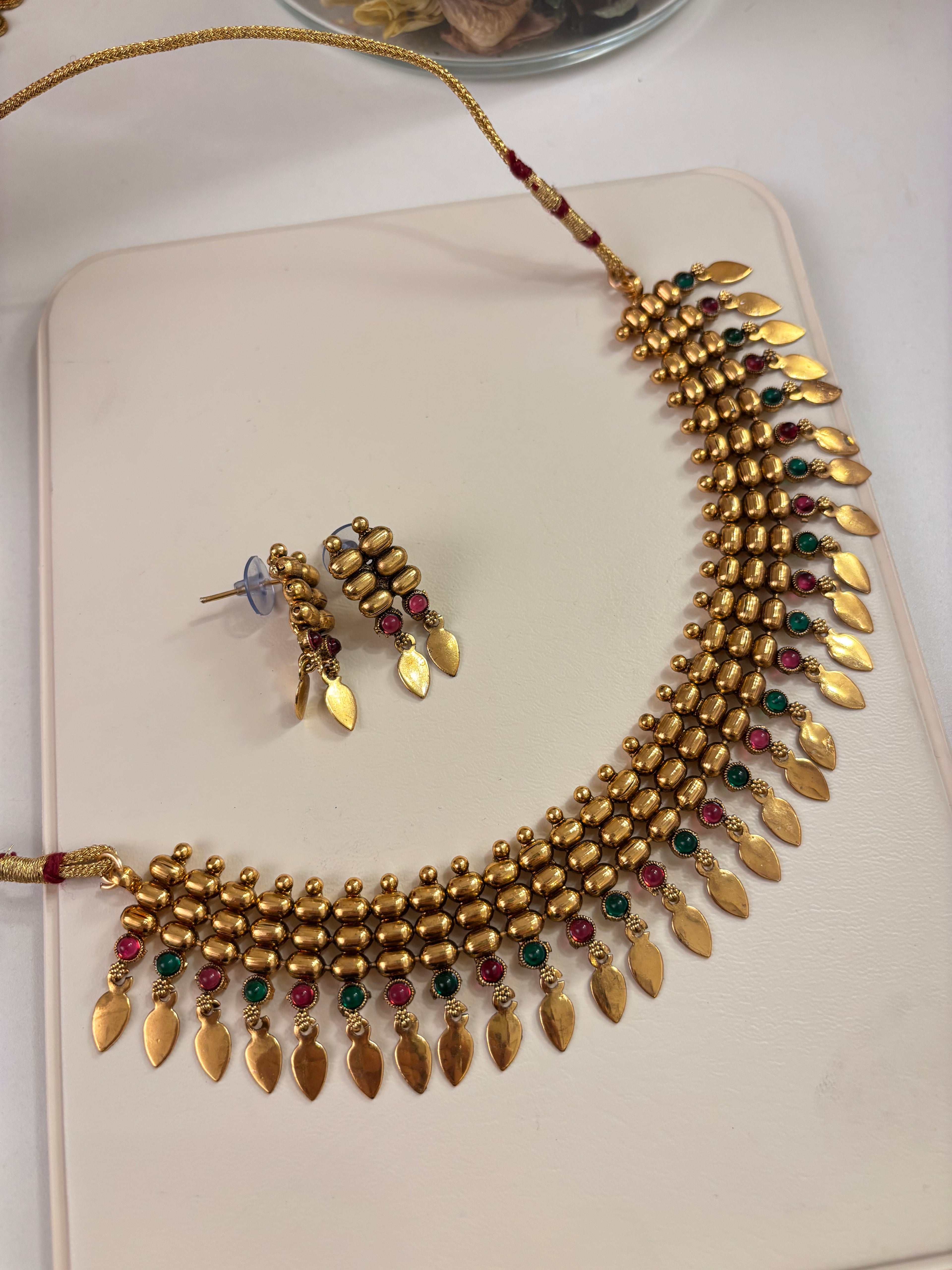 Antique Gold Look Like Necklace With Earrings (Ruby & Green)