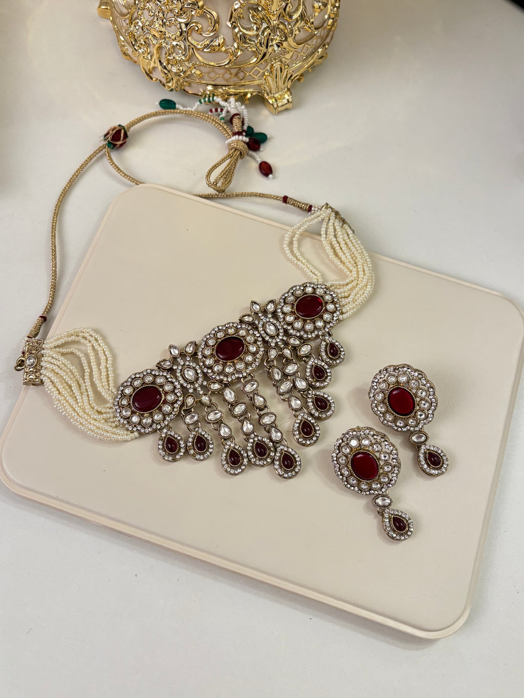 Bano Maroon Necklace In Layer Touch With Earrings