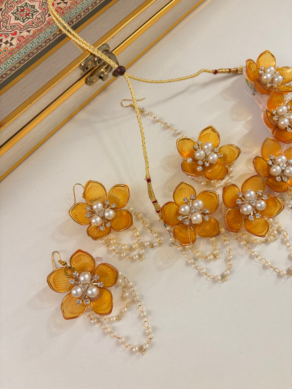 Flower Petal Floral Necklace With Mang Tikka & Earrings (Yellow)