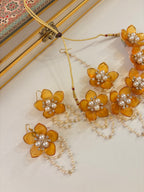 Flower Petal Floral Necklace With Mang Tikka & Earrings (Yellow)