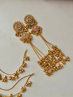 High Quality Designer Brass Kashmiri Earrings With Detachable Earchain (Pink)