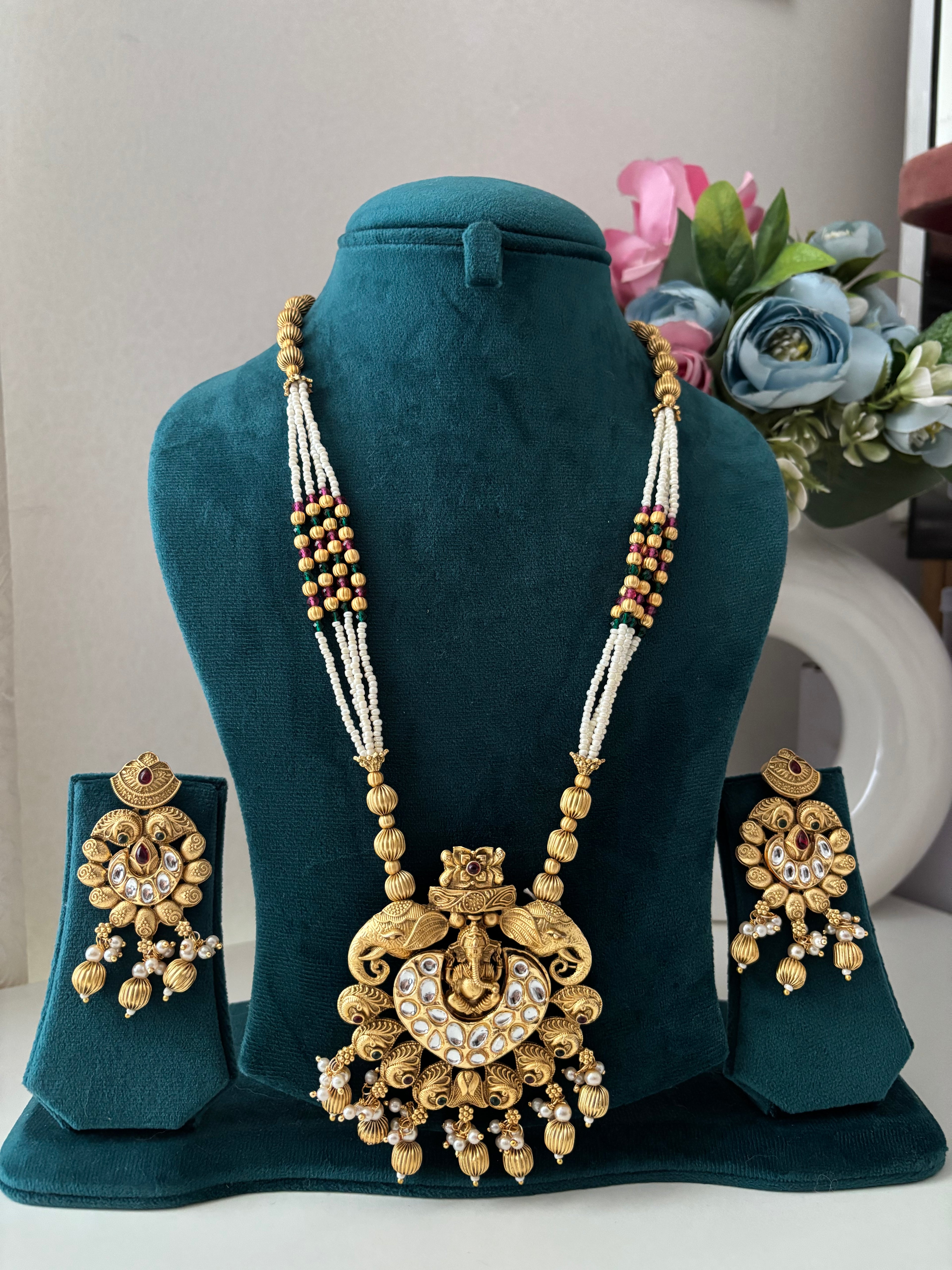 Heritage Long Ganesha Haar With Earrings (Ruby & Emerald)