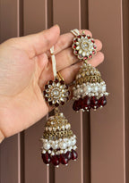 Flower Meenakari & Kundan Touch Jhumkas With Detachable Earchain (Maroon)