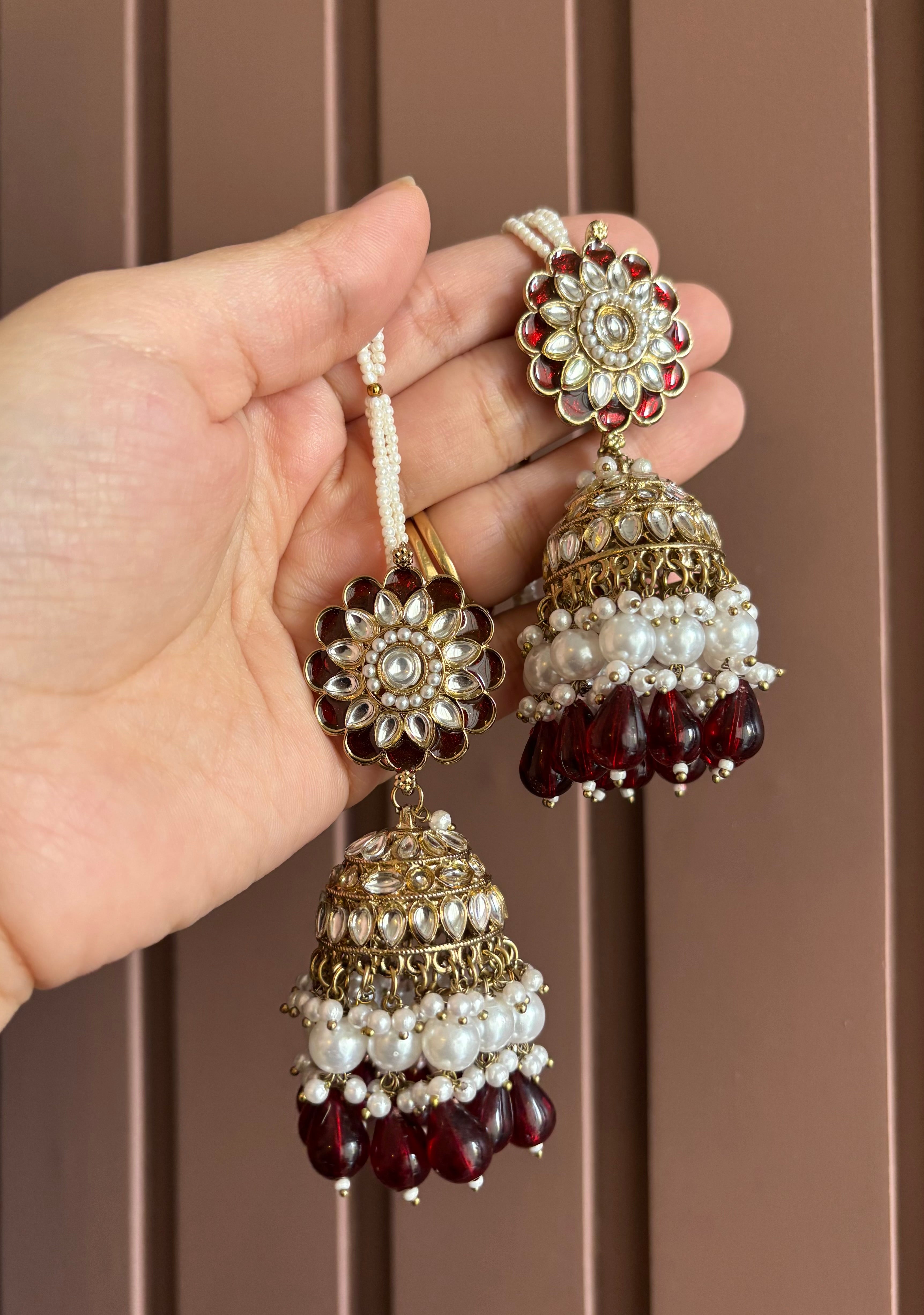 Flower Meenakari & Kundan Touch Jhumkas With Detachable Earchain (Maroon)