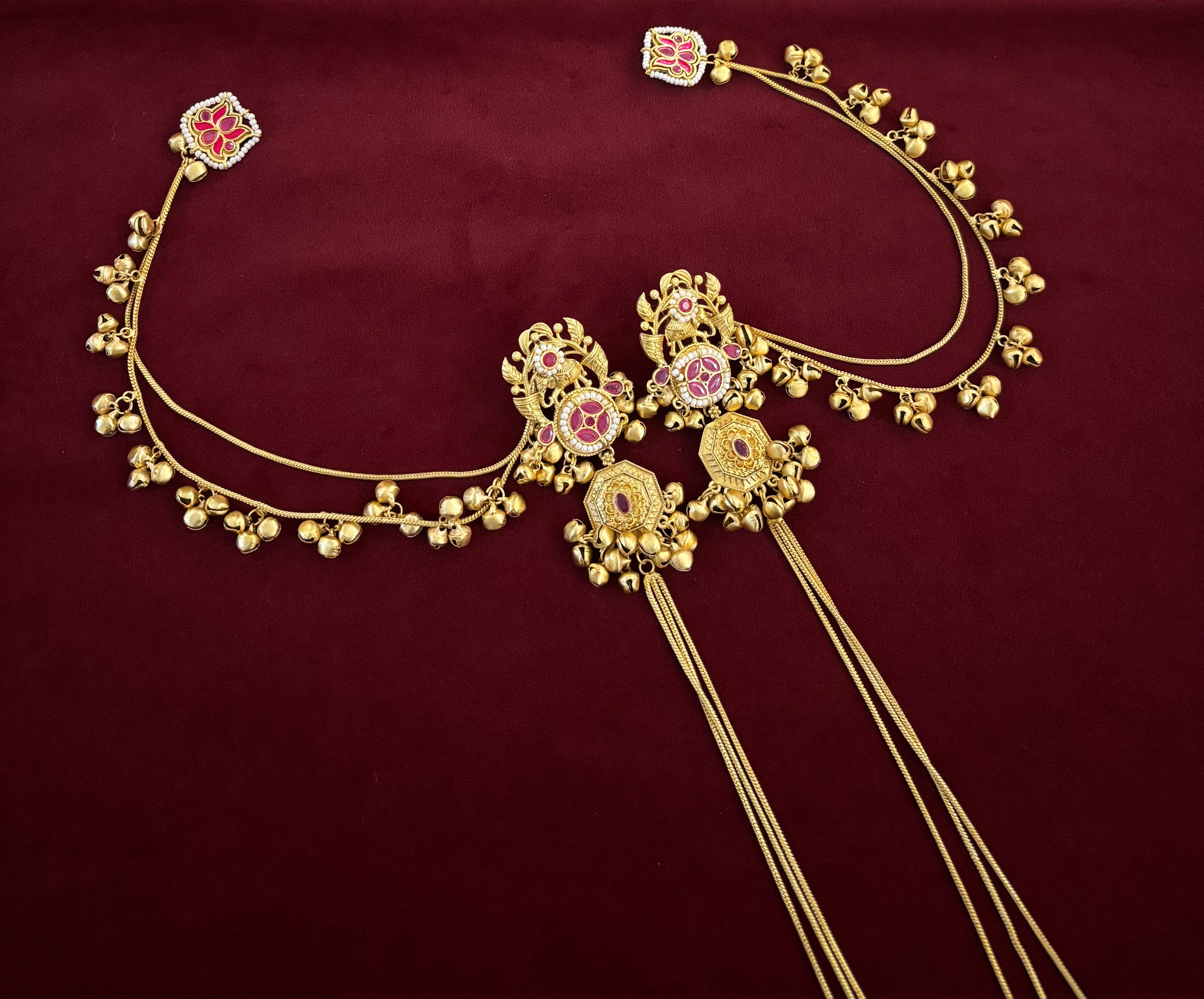 Laxmi Kashmiri Long Layer Earrings With Detachable Side Layer (Ruby)