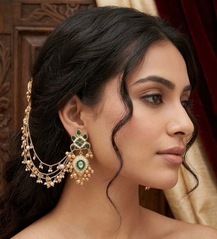 Sunheri Earrings With Side Layers In Ghungroo Touch (Green)