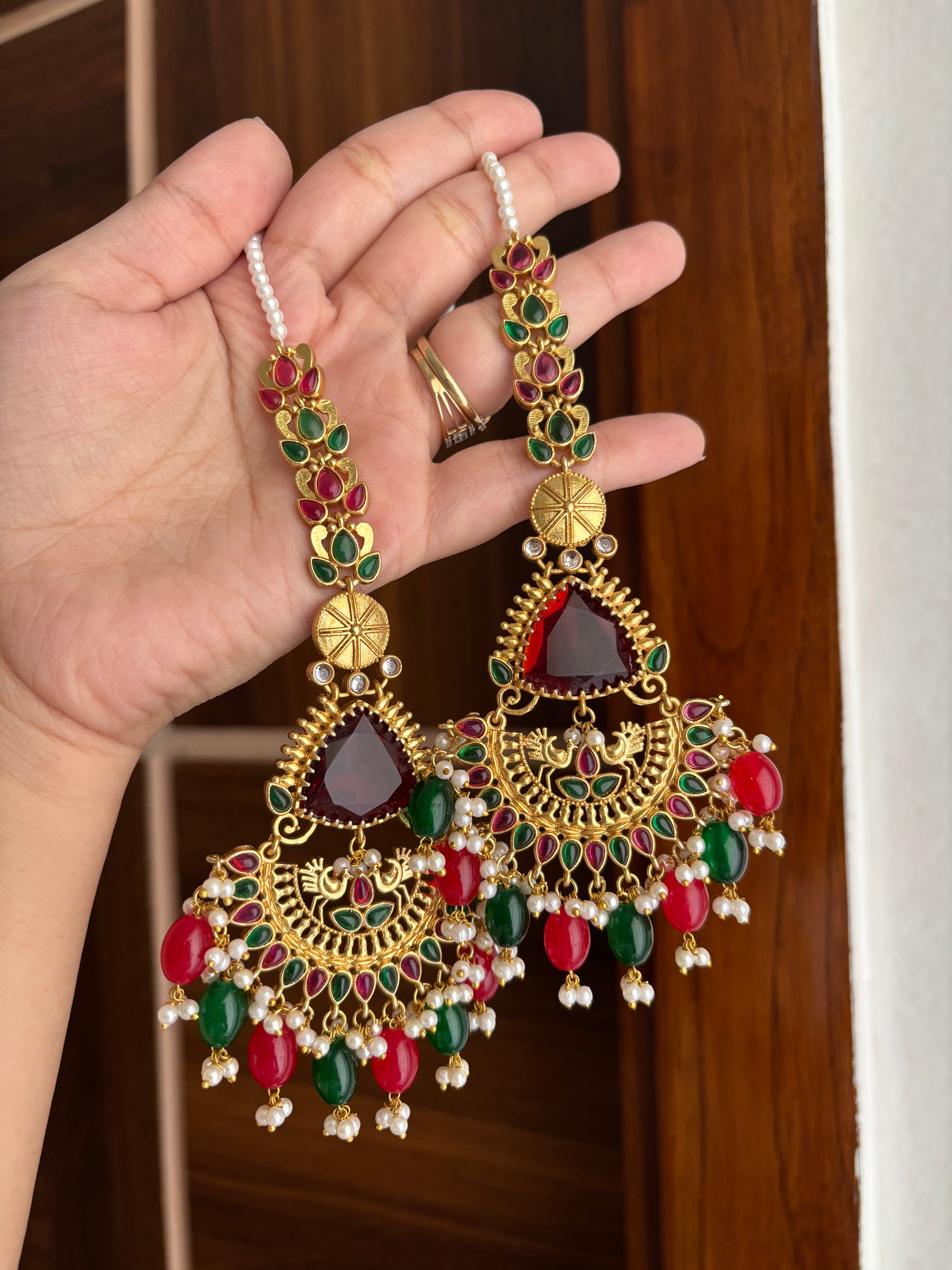 Safeena Statement Earrings With Ear Sahara (Red & Green)