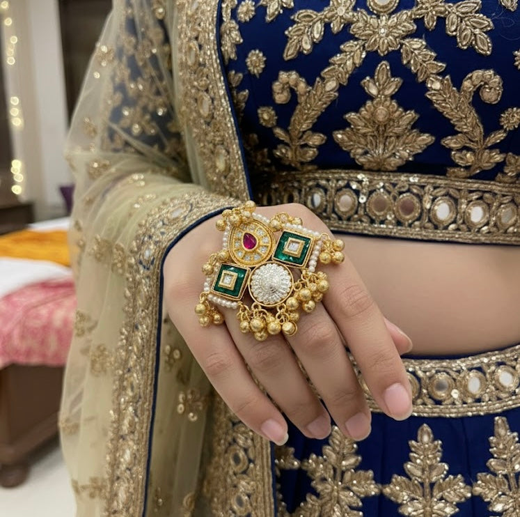 Green & Ruby Mix Ghungroo Touch Adjustable Ring