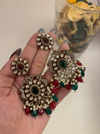 Premium Heavy Look Royal Necklace With Earrings (Maroon/Emerald)