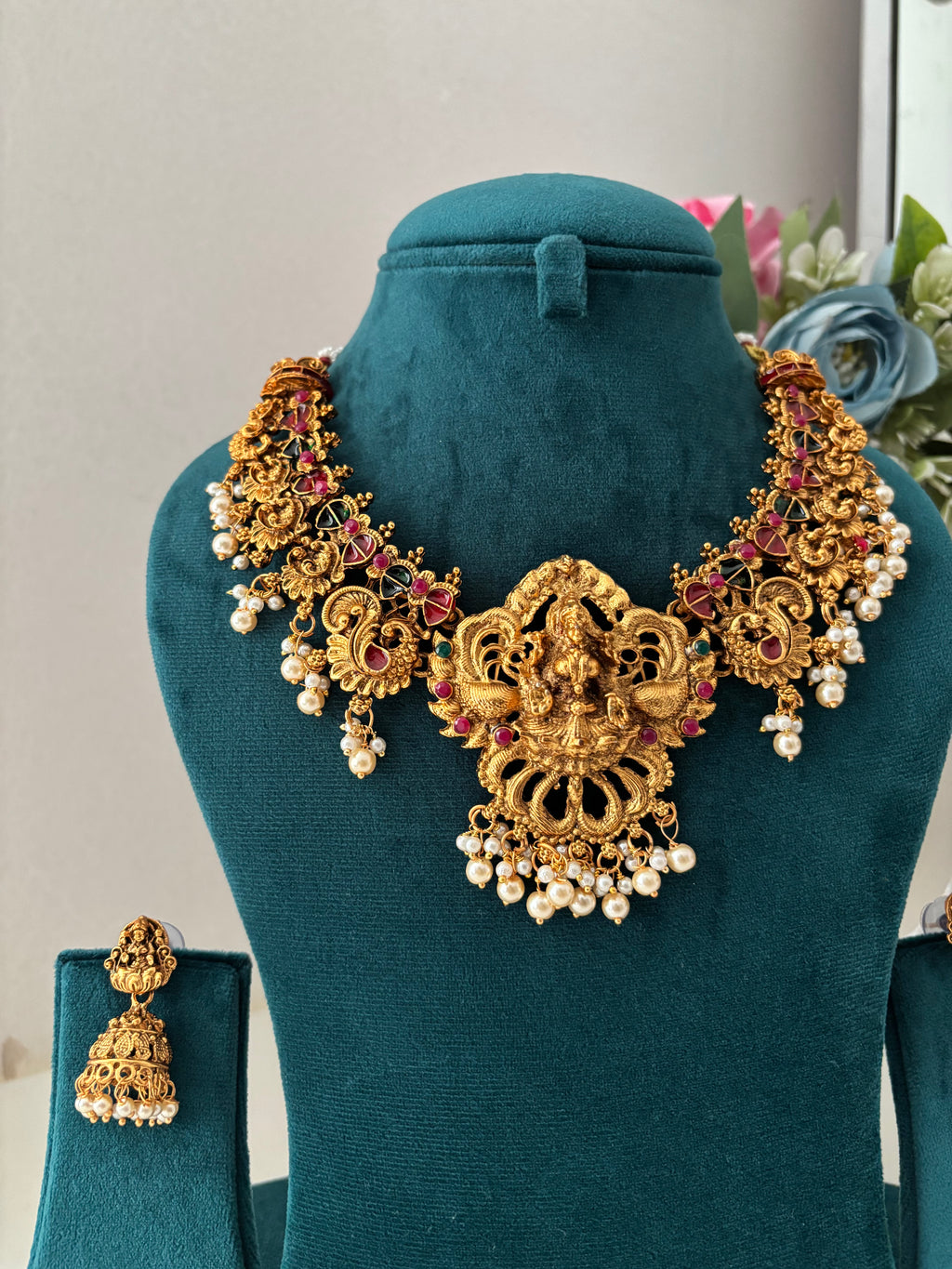 Gold Look Like Temple Jewellery Necklace With Jhumkas