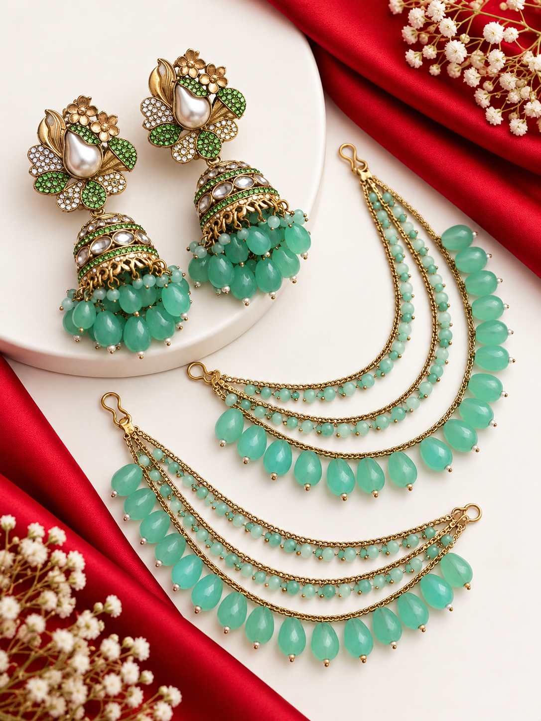 Heena Turkish Jhumkas With Detachable Earchain (Mint)