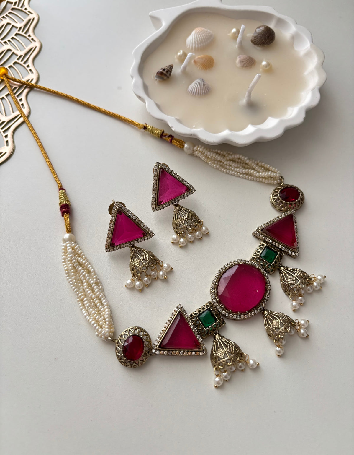 Jazz Doublet Stone Work Choker With Earrings (Dark Pink)