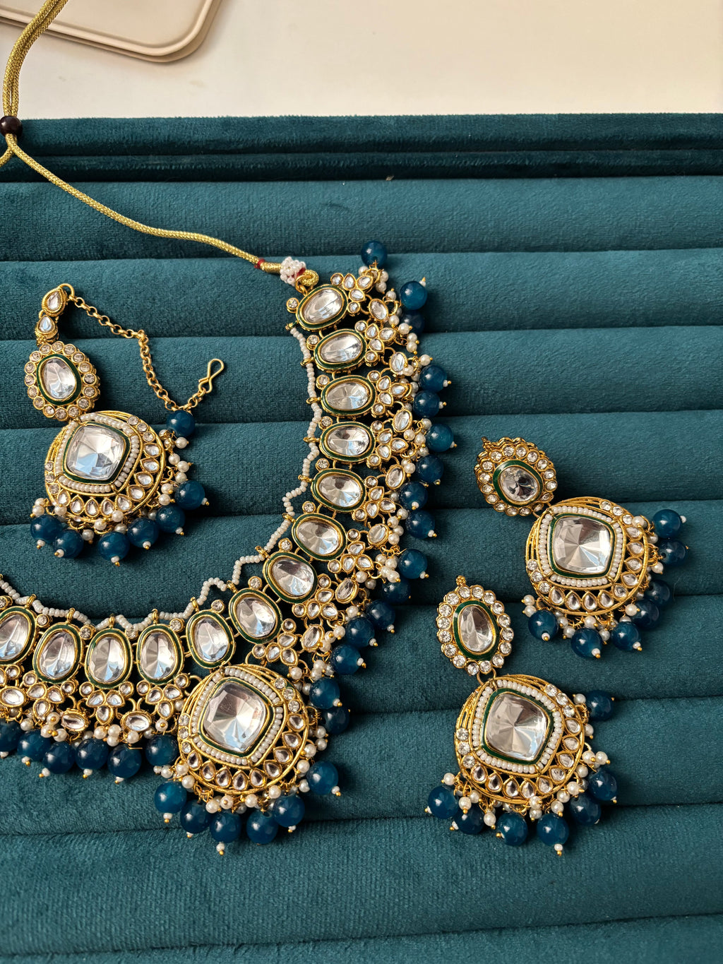 Blue Kundan Dupe Necklace With Mang Tikka & Earrings