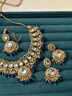 Blue Kundan Dupe Necklace With Mang Tikka & Earrings