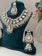 High Quality Designer Heavy Look Necklace With Mang Tikka & Long Earrings (Navy Blue)