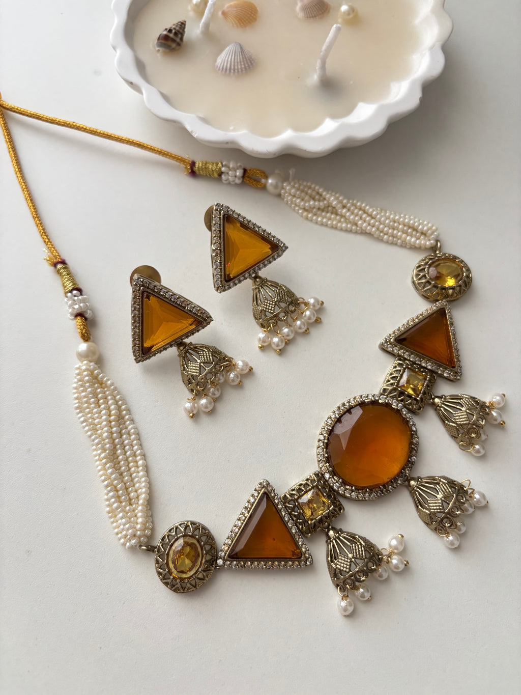 Jazz Doublet Stone Work Choker With Earrings (Mustard)