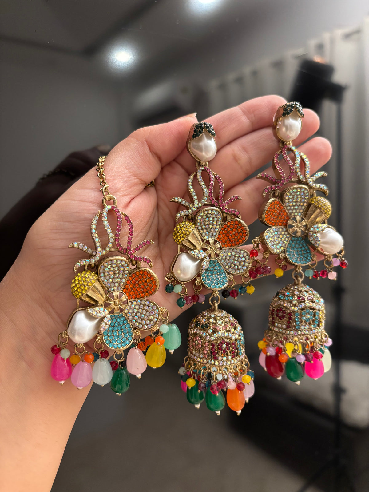 Premium Designer Turkish Long Earrings With Mang Tikka (Multi)