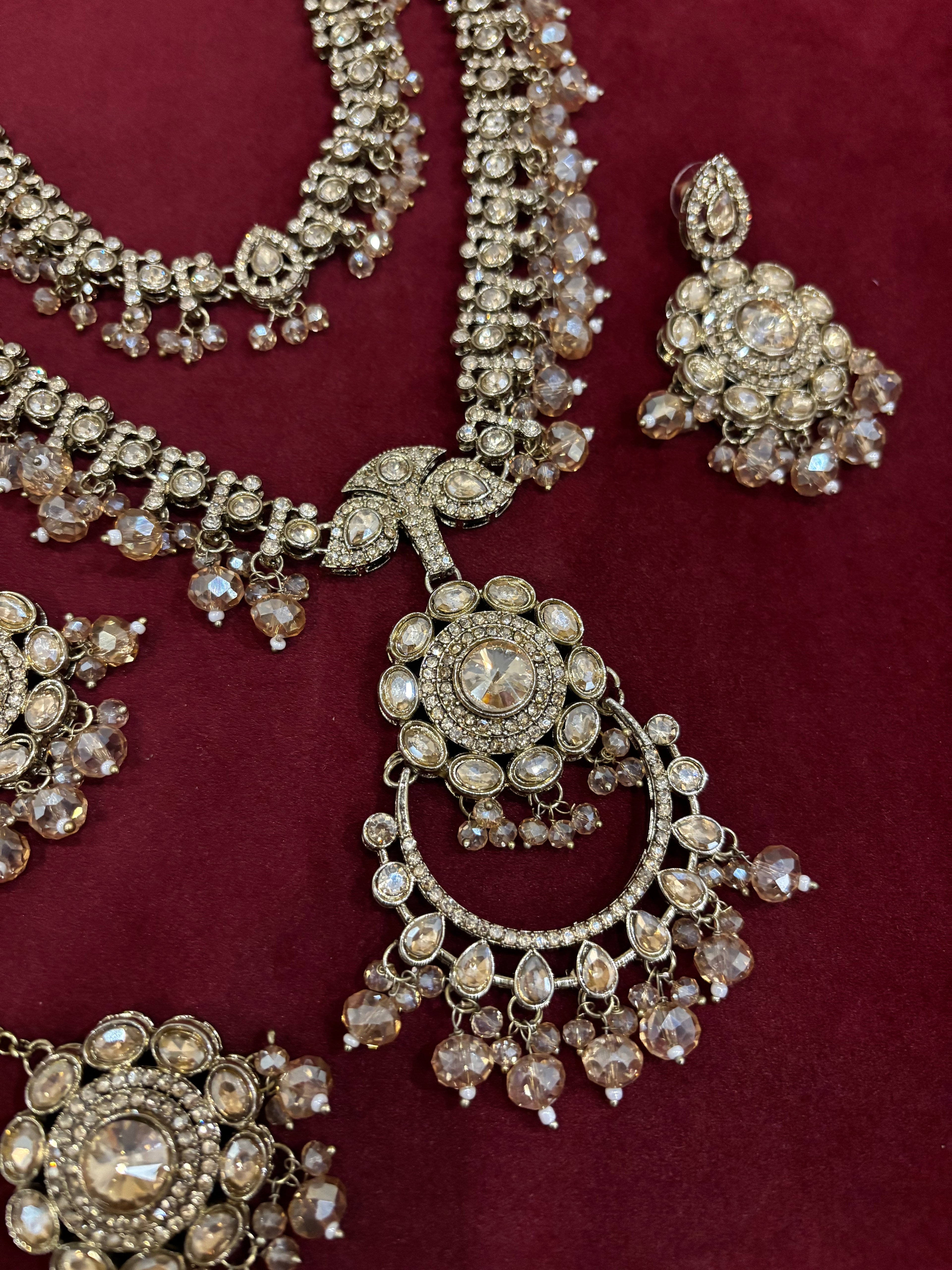 High Quality Designer Double Layer Statement Neckpiece With Mang Tikka & Earrings Full Champagne Color