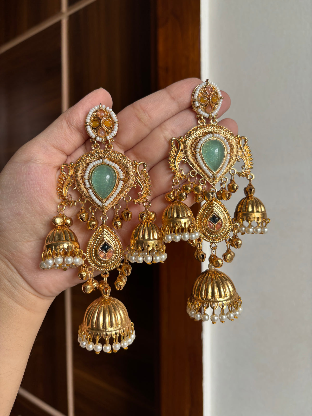 Rashmika Kashmiri Jhumkas With Detachable Earchain (Pastel Shade)