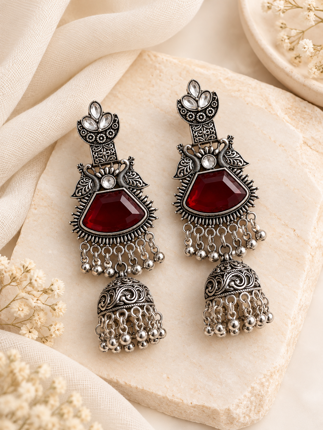 Safeena Silver Jhumkas (Red)