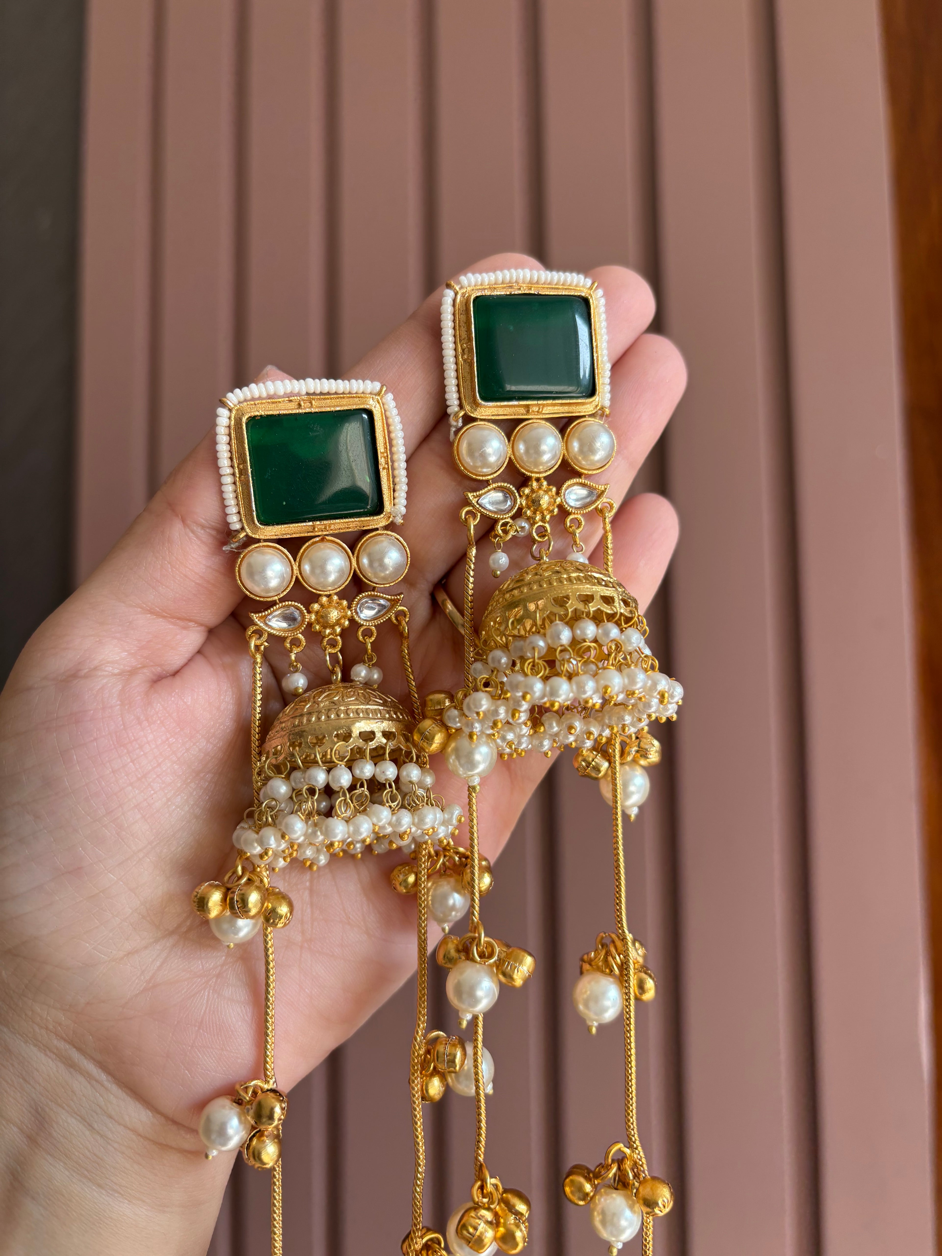 High Quality Designer Tanisha Jhumkas With Long Layers ( Green )