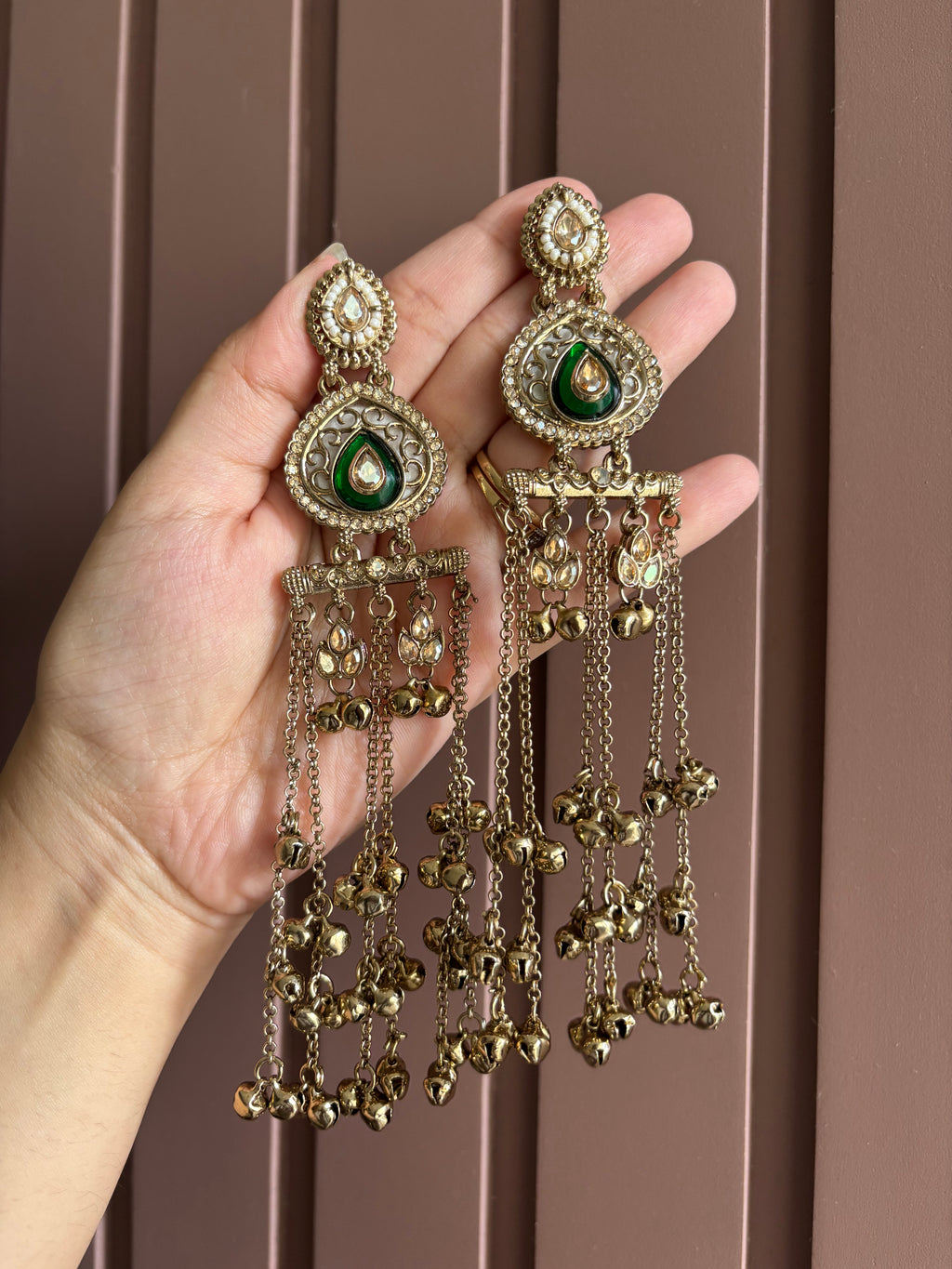 Green Ghungroo Layer Earrings