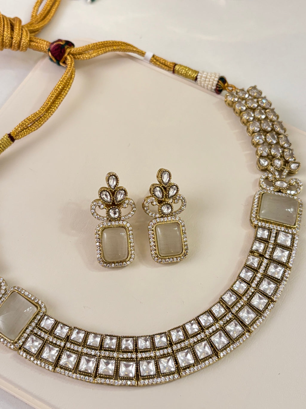 Premium Double Layer Look Like Moissanite & Doublet Stones Work Necklace With Earrings