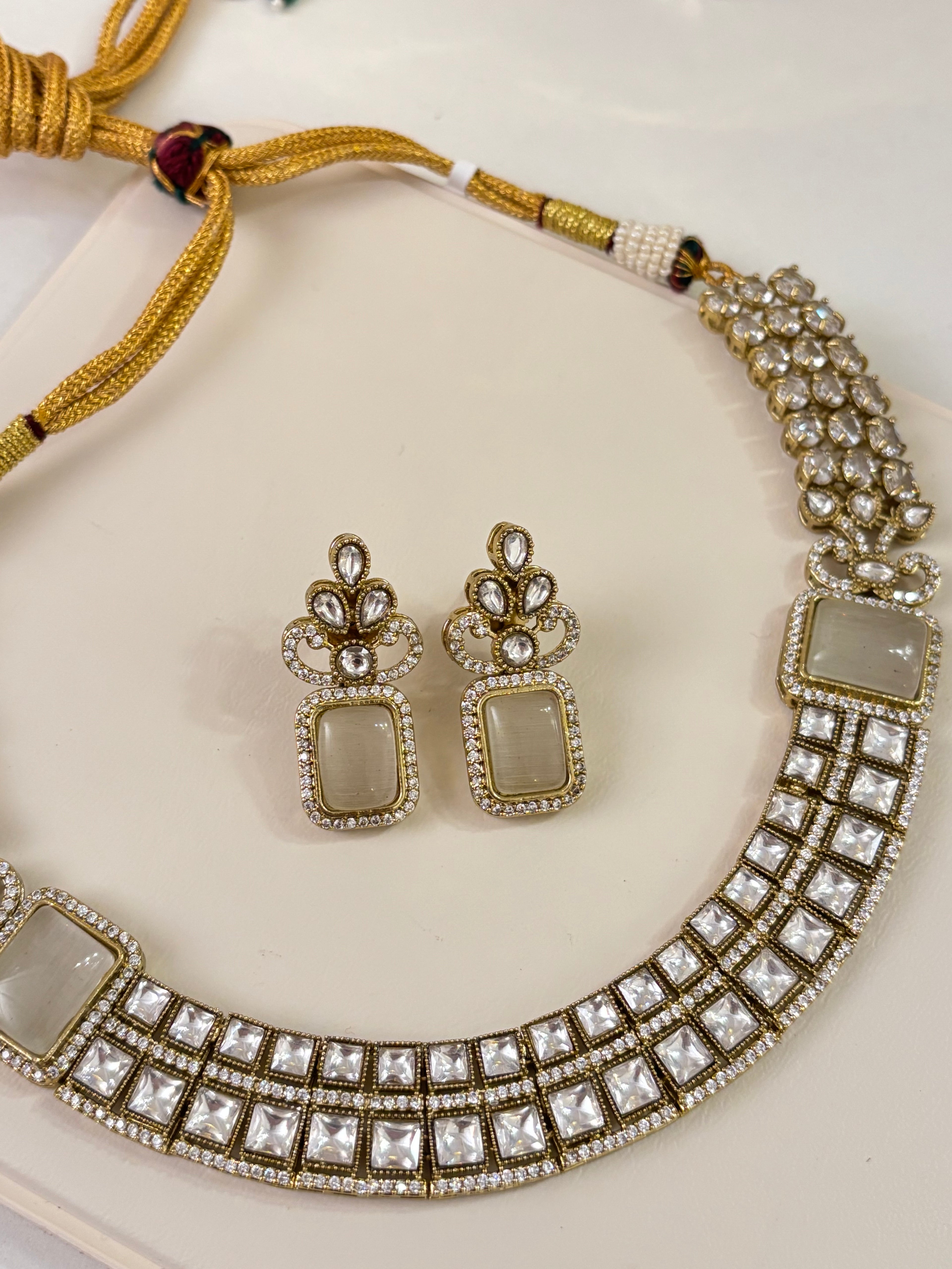 Premium Double Layer Look Like Moissanite & Doublet Stones Work Necklace With Earrings