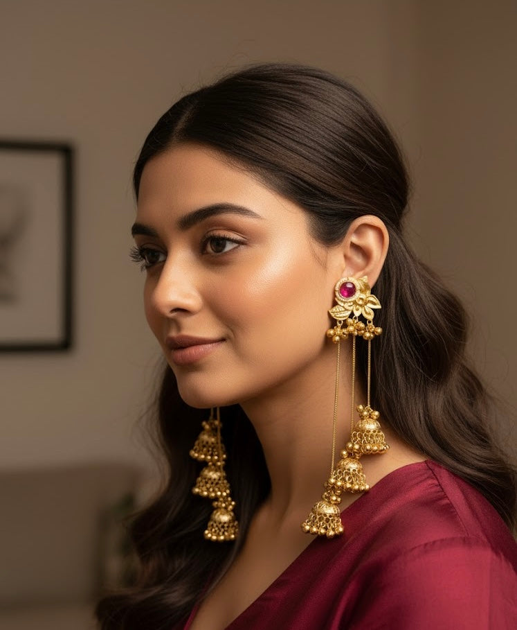 Ruby Flower Kashmiri Long Earrings