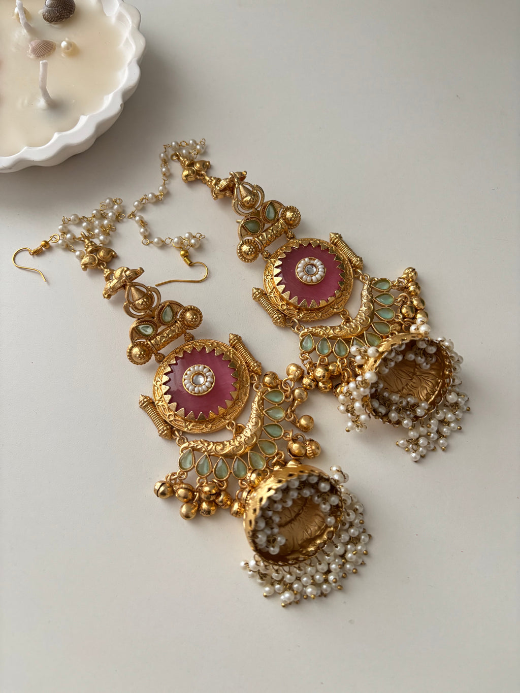 Tara Brass Heavy Look Jhumkas With Sahara (Pink/Mint)