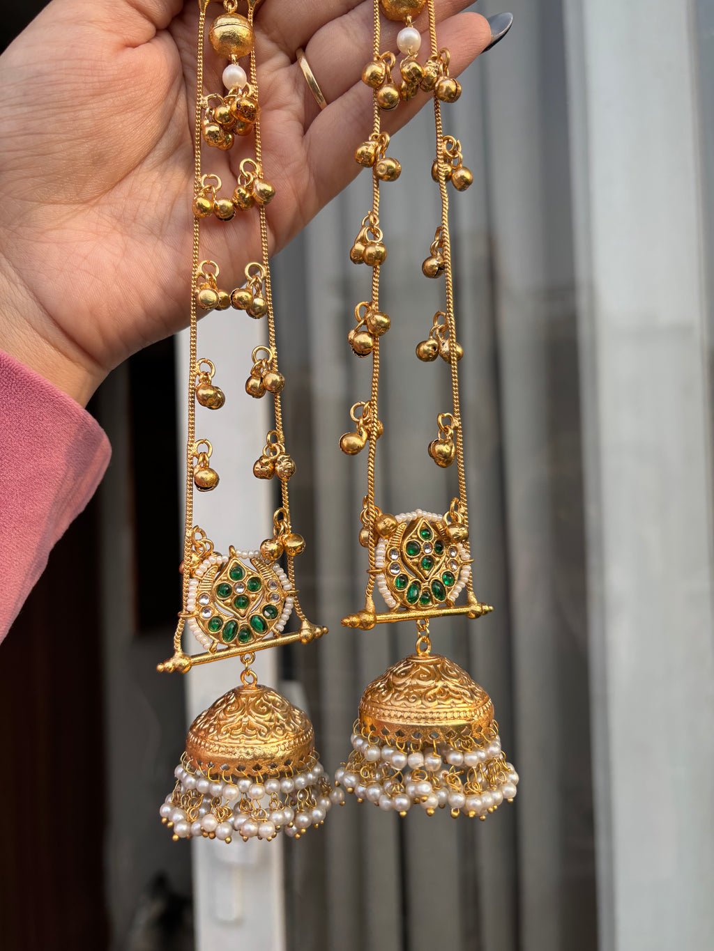 Heer Kashmiri Long Jhumkas Green