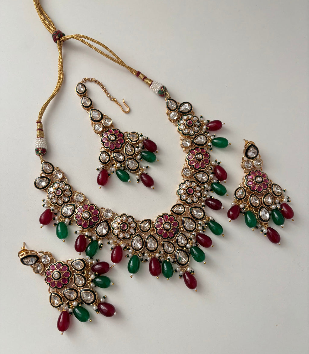 Tanisha Premium Moissanite Necklace With Mang Tikka & Earrings (Maroon/Green)