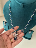 Angel American Diamond Sleek Necklace With Earrings ( Blue )