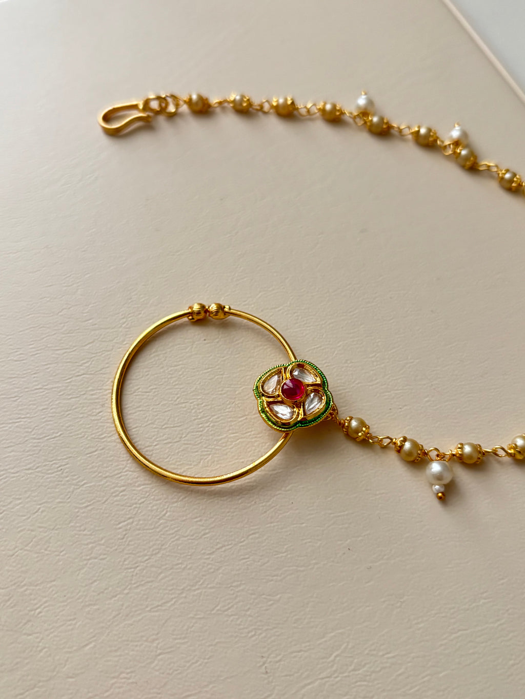 Kundan Press On Nose Ring With Side Layer (Red)