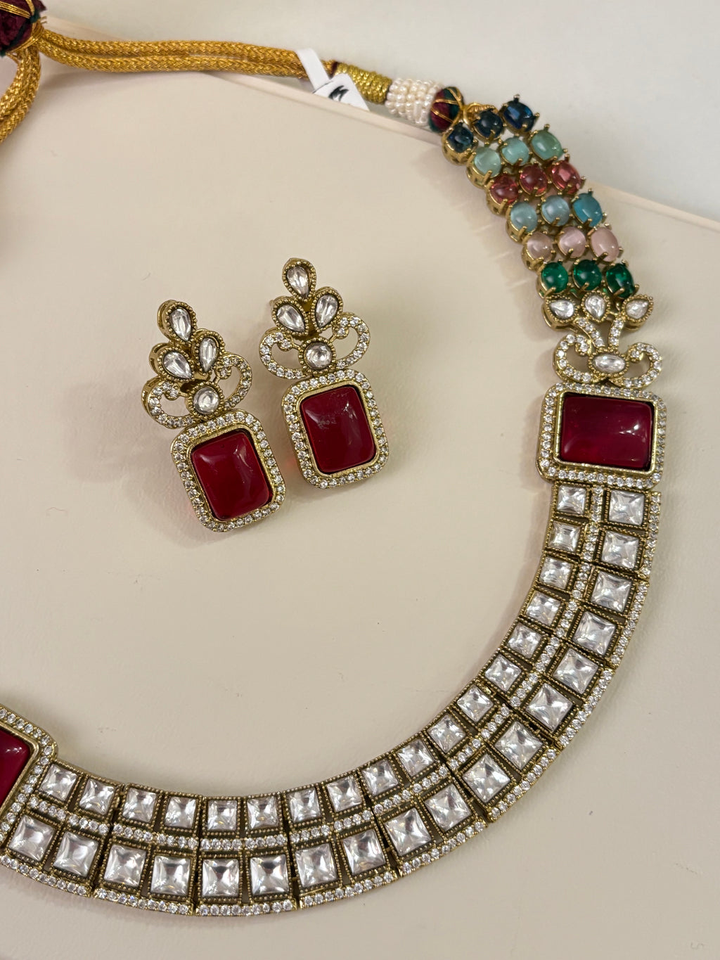 Premium Double Layer Look Like Moissanite & Doublet Stones Work Necklace With Earrings (Multi)