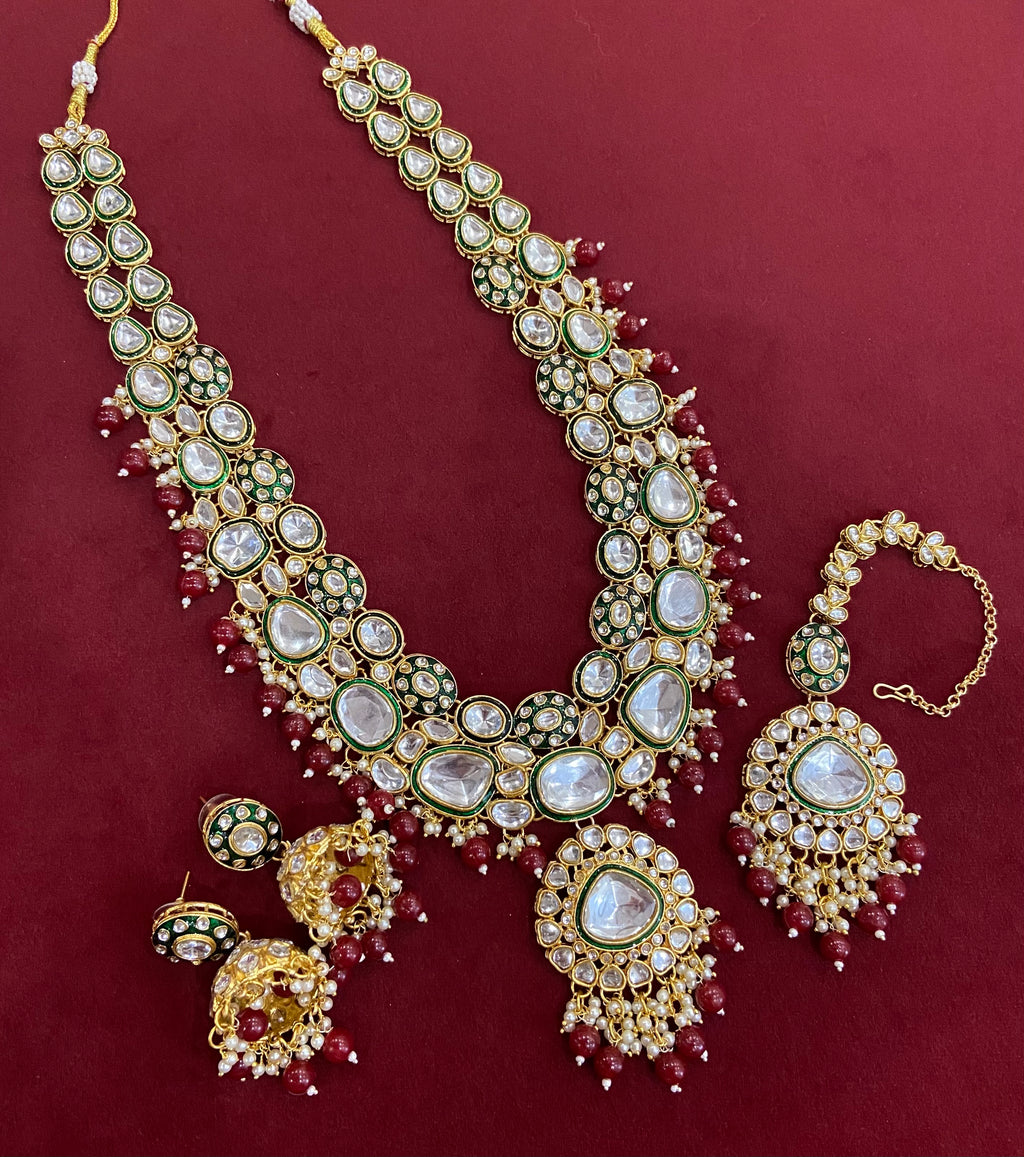 The Long Maroon Rani Haar With Mang Tikka & Jhumkas
