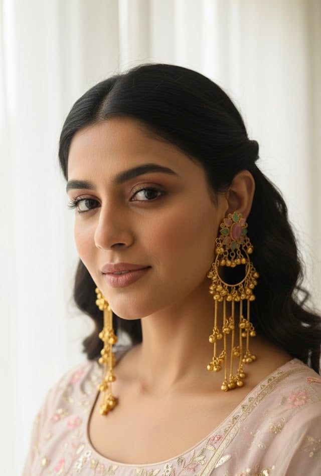 Pink & Mint Mix Flower Long Kashmiri Earrings