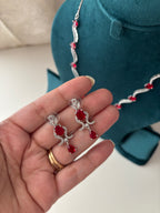 Angel American Diamond Sleek Necklace With Earrings (Ruby)